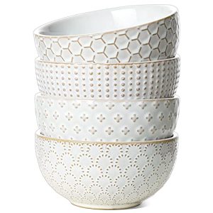 LE TAUCI Cereal bowls 6 inch, House-warming Gift, Ceramic Embossment Stoneware Bowl for Soup, Dessert, Fruits, Salad, Noodle, Ramen - 22 oz, Set of 4, Arctic white