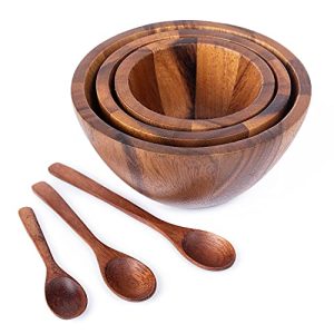 Tiny nesting wood Bowls Mix size Stackable Acacia wooden bowl set with 3 spoons for serving salad, fruit, dip sauce, salsa, snack, rice, pasta or cereal, with diameter 3.9 in, 4.8 in, and 5.9 in